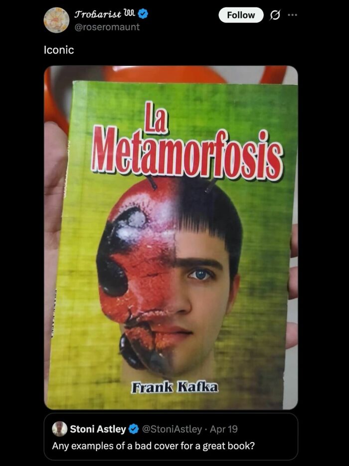 A relatable meme showing a bad book cover for La Metamorfosis by Franz Kafka.