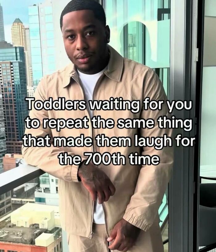 Relatable memes with a man posing as a toddler waiting for a joke repeated.