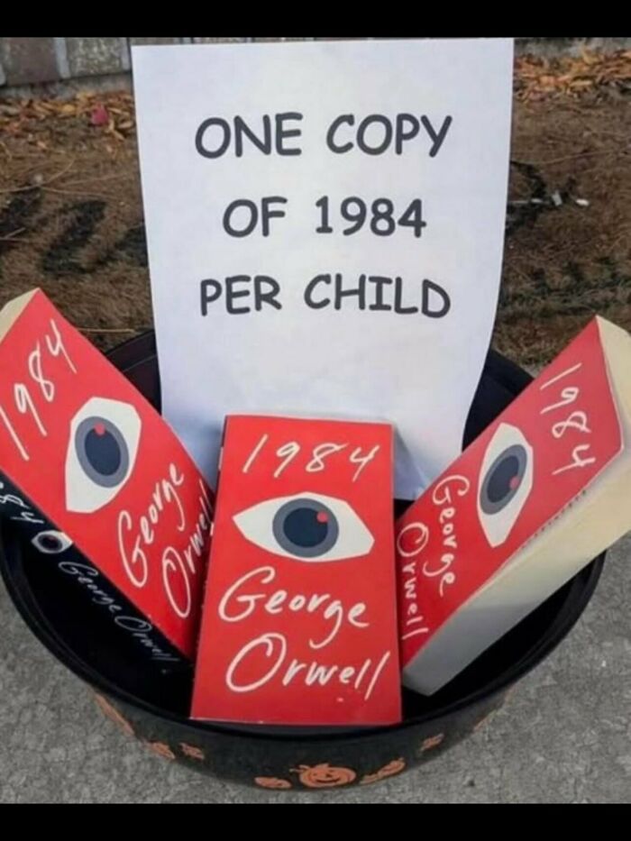 Halloween bucket filled with 1984 books instead of candy in a funny relatable meme.
