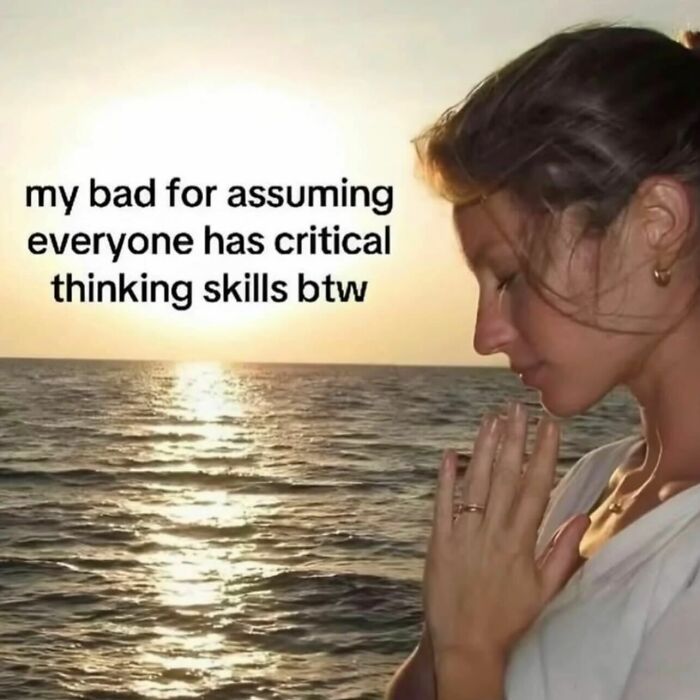 Serene ocean sunset photo overlayed with sarcastic text about critical thinking skills as a relatable meme.