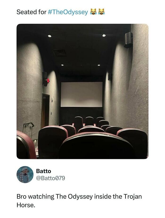 A tweet joking about sitting in a long narrow movie theater room, relatable memes
