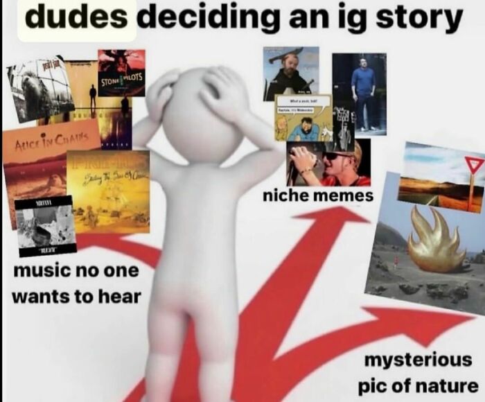 Relatable memes diagram showing a person overwhelmed by choices for an Instagram story.