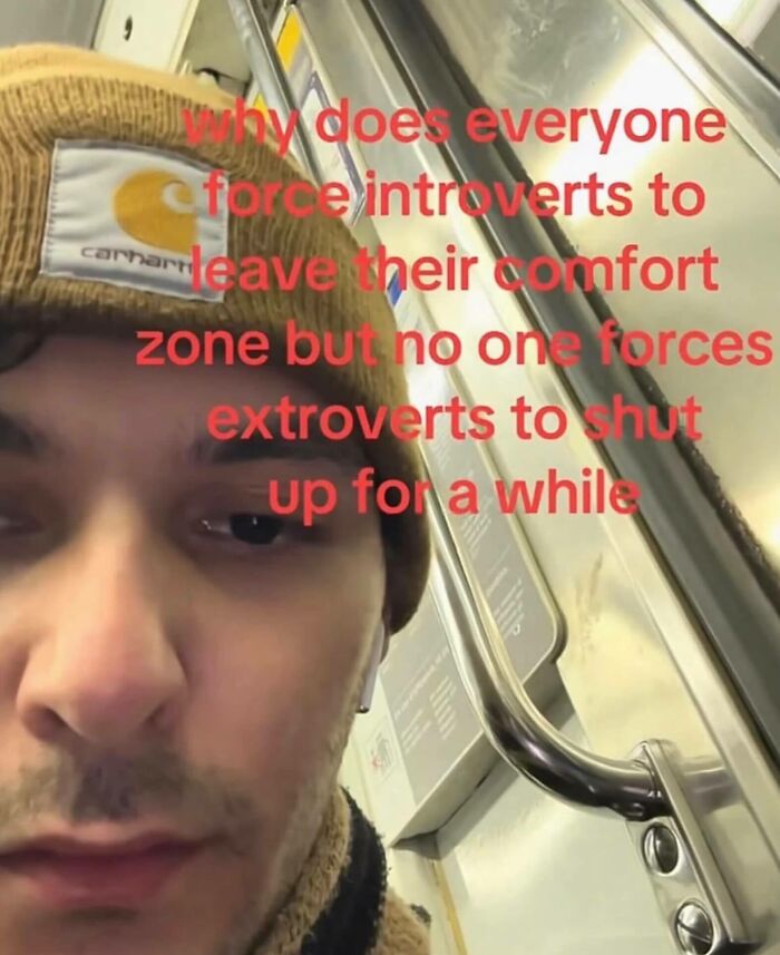 Relatable memes image of a person questioning introverts comfort zone vs extroverts.