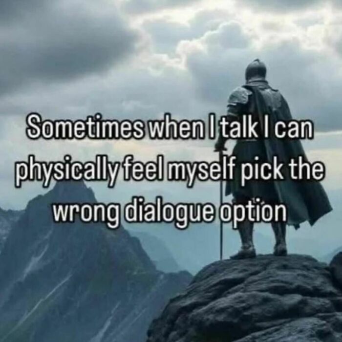 Relatable memes featuring a knight on a cliff picking the wrong dialogue option in conversation.