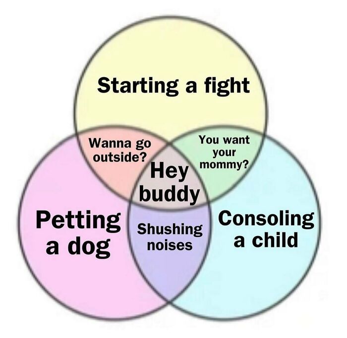 Venn diagram relatable memes intersecting fighting, petting a dog, and consoling a child.