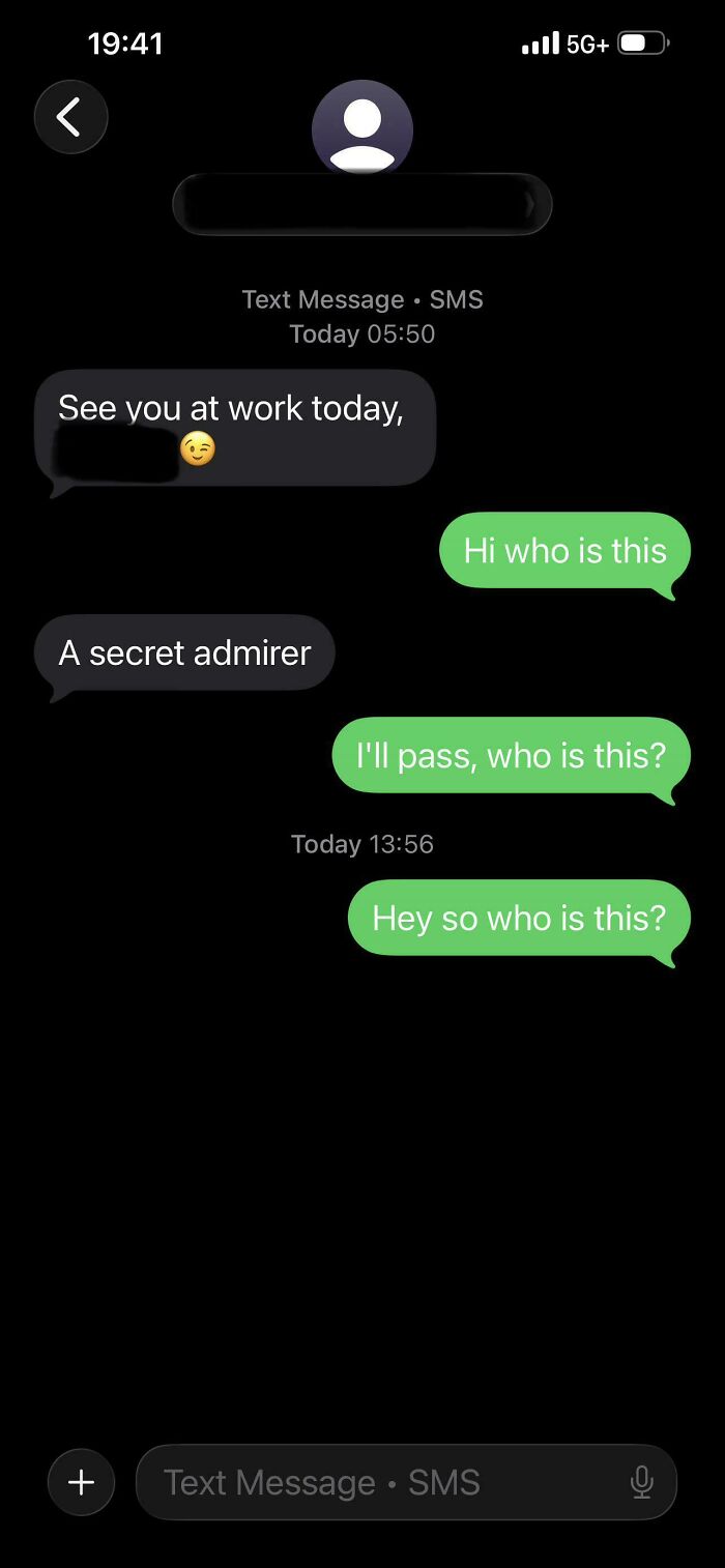 Screenshot of a text exchange where a person receives a wrong number text claiming to be a secret admirer.