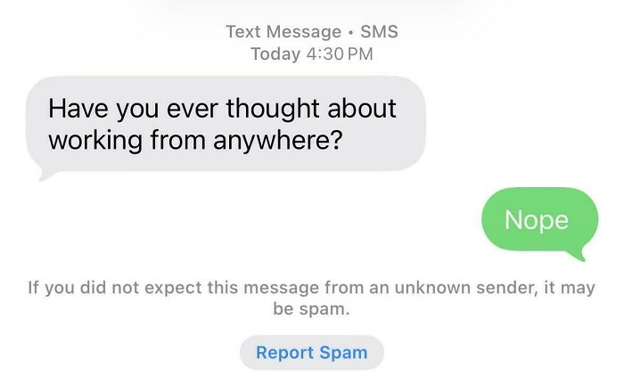 Screenshot of wrong number texts showing a spam message about remote work and a simple reply.