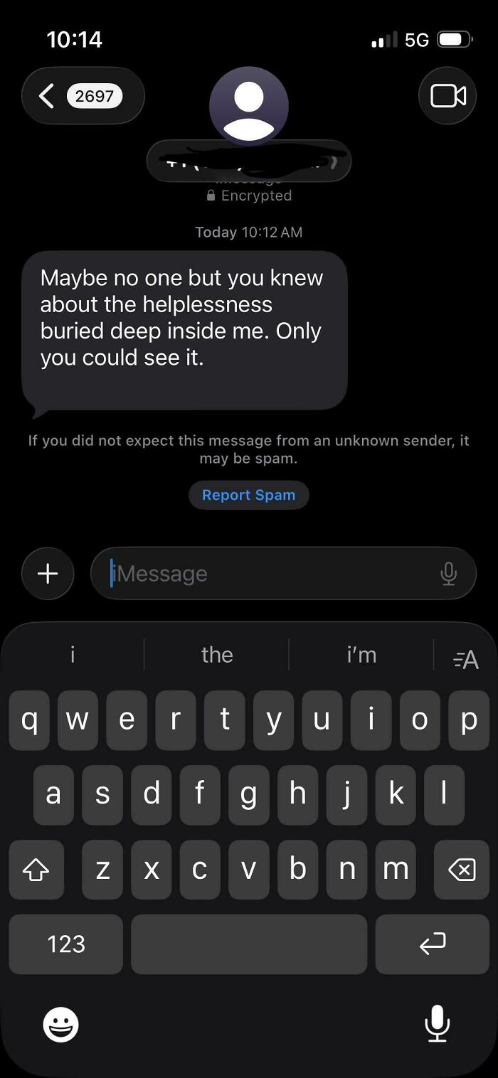 Screenshot of a dramatic wrong number text message sent by an unknown sender on a smartphone screen.