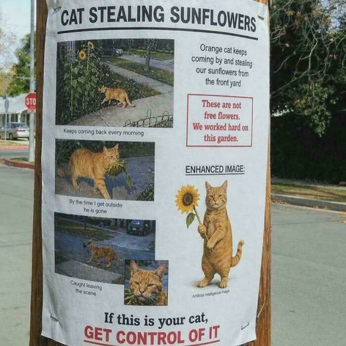 Printed poster on a pole accusing an orange cat of committing hilarious cat crimes by stealing sunflowers.