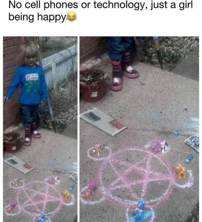 Relatable memes post showing a young girl standing over a chalk pentagram with toys.