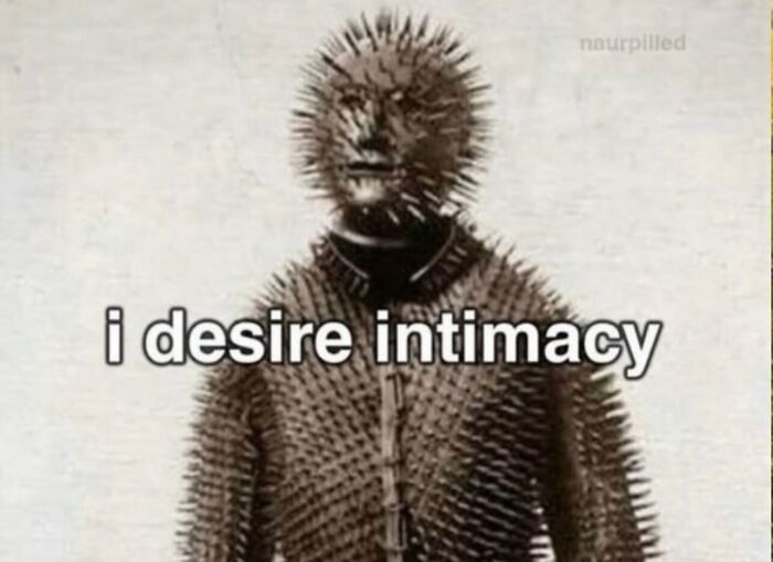 Relatable memes depicting a figure covered in sharp spikes with the caption i desire intimacy.