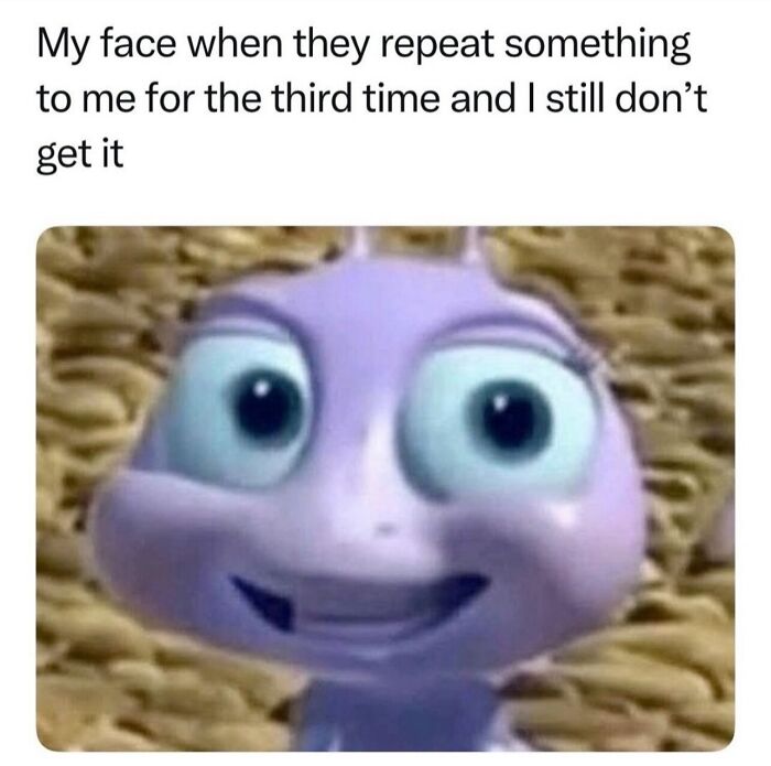 Purple animated character looking confused in a relatable meme about not understanding instructions.