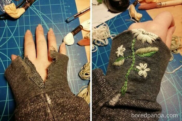 Before and after of a ripped sweater cuff repaired with floral embroidery, showing how creativity saves money.
