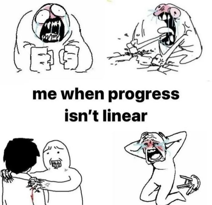 Four panels of crying faces depicting how progress is not linear in a relatable meme.