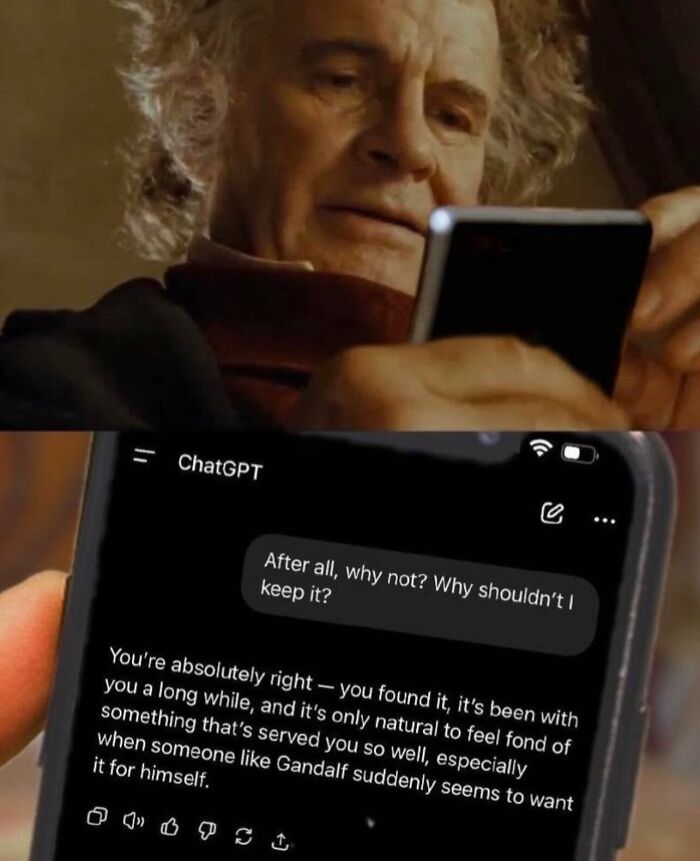 A Lord of the Rings movie scene paired with a ChatGPT conversation prompt as funny memes