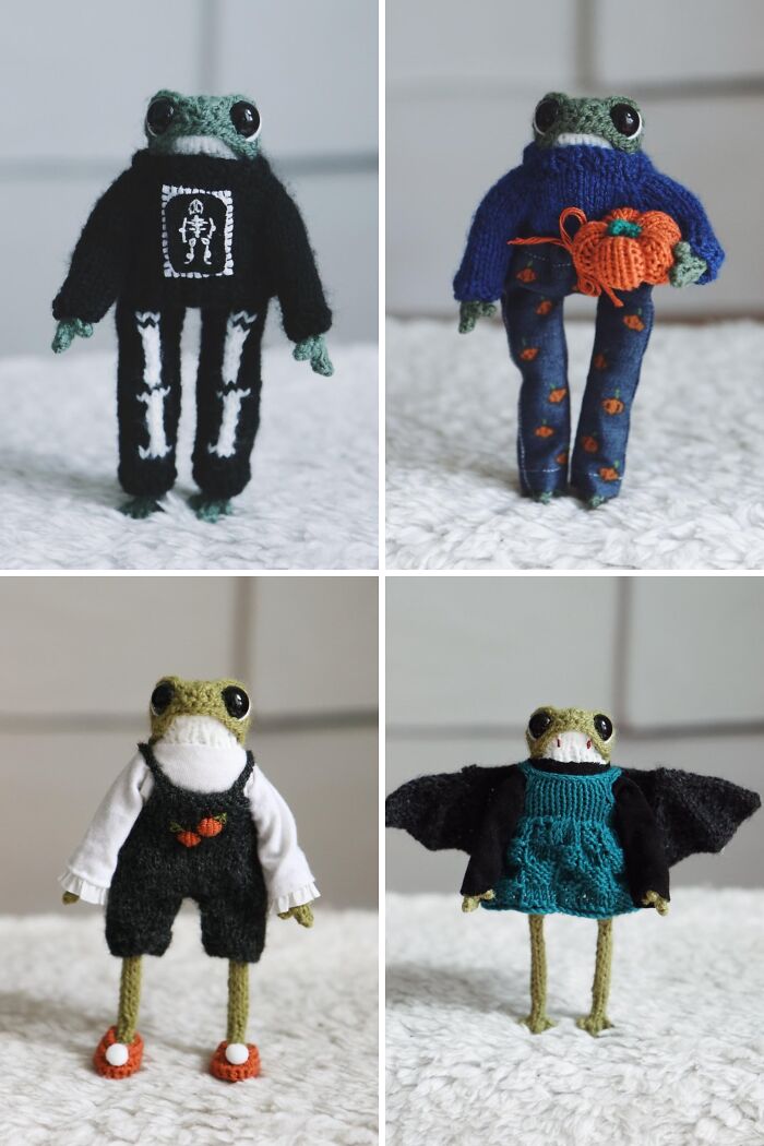 Cute handcrafted frogs dressed in Halloween costumes as festive decor