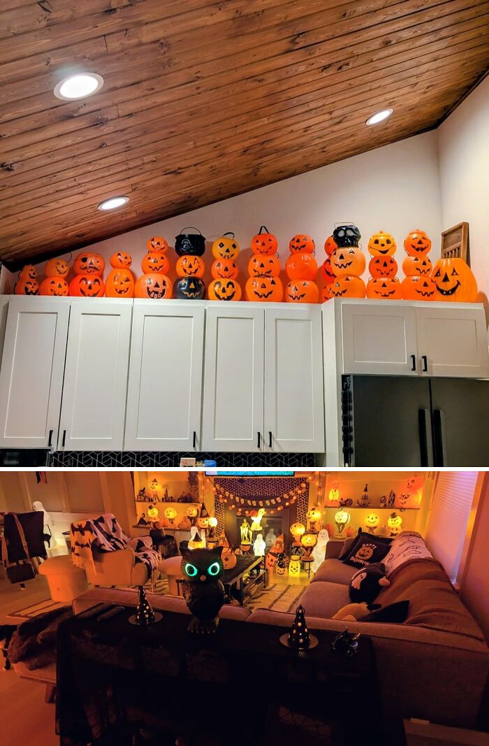 Living room and kitchen filled with vintage Halloween pumpkin buckets and decor.
