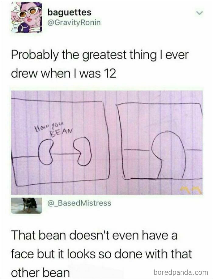 Childhood drawing of two beans talking in a funny wholesome meme about simple humor.