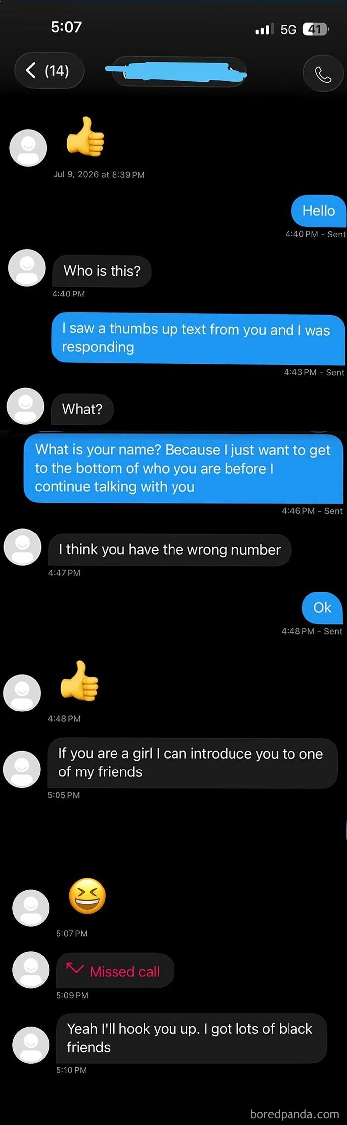 Screenshot of wrong number texts where a stranger offers to hook up friends.