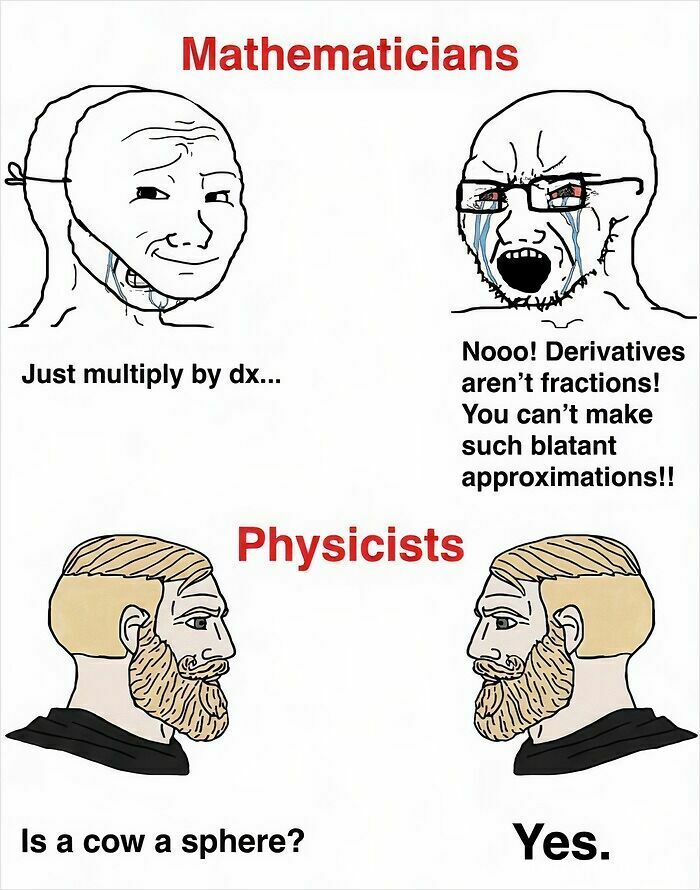Funny meme comparing mathematicians and physicists making simple approximations in physics posts.