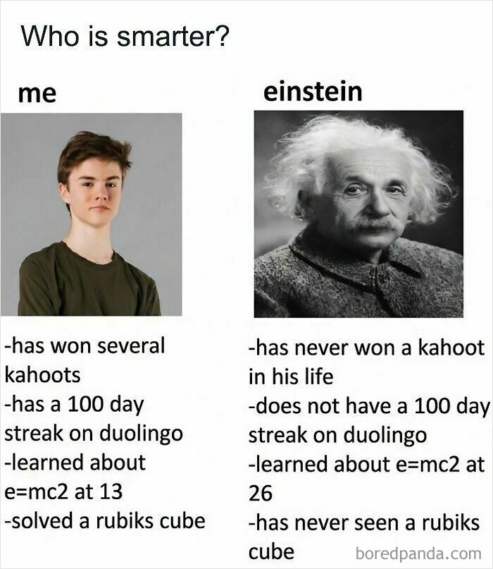 A humorous meme comparing a teenager to Albert Einstein using modern achievements in a physics post.