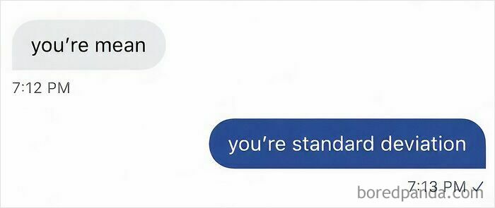 Text message joke about mean and standard deviation, featured in amusing physics posts.