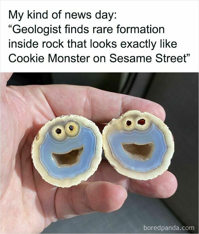 Wholesome memes image of two agate rock halves that naturally look like Cookie Monster.