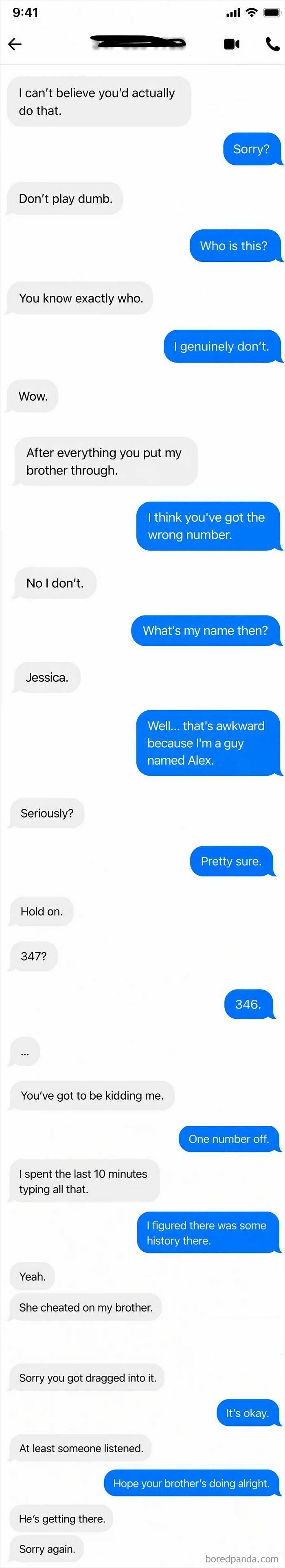 Dramatic conversation revealing an accidental text exchange from wrong number texts.