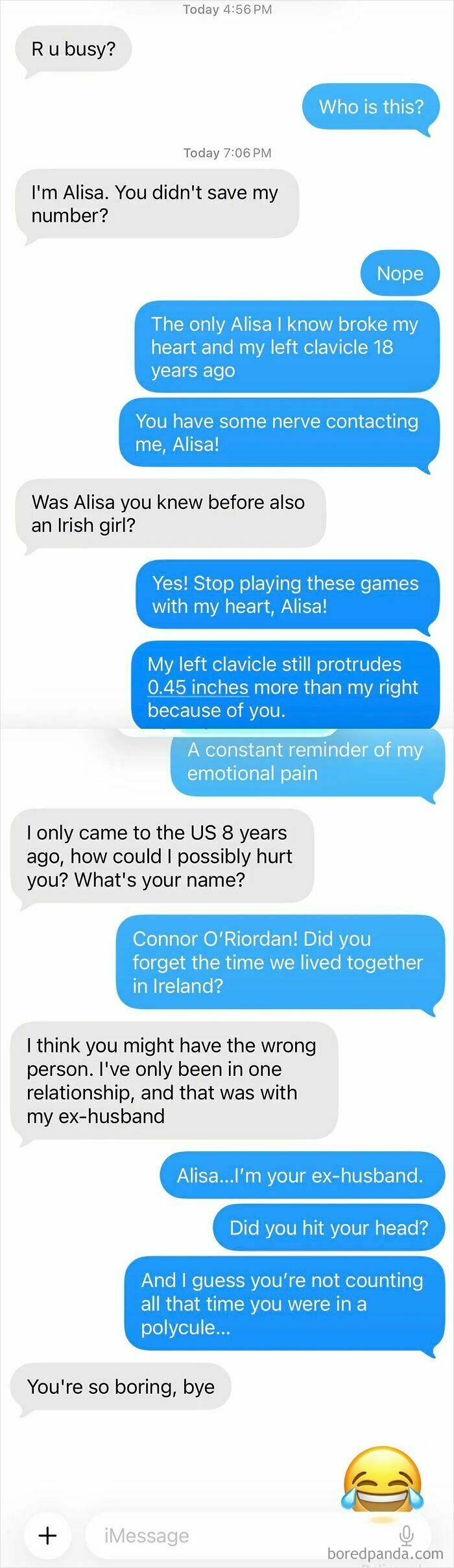 Funny text thread involving wrong number texts and a fake story about exes.