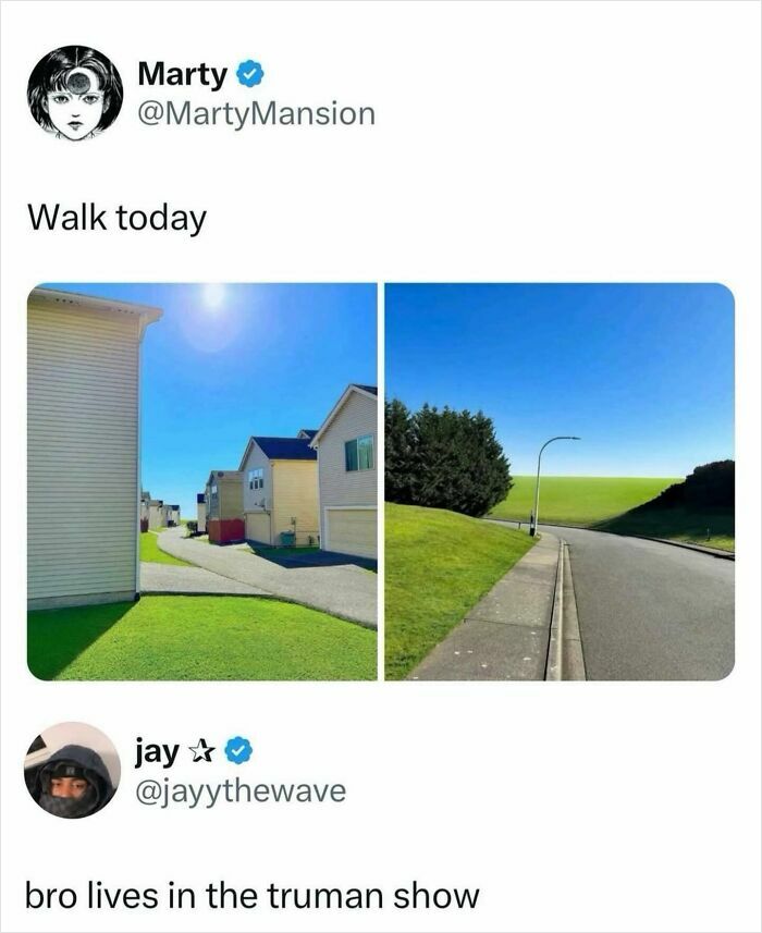Relatable memes tweet about walking down an eerily perfect neighborhood street.