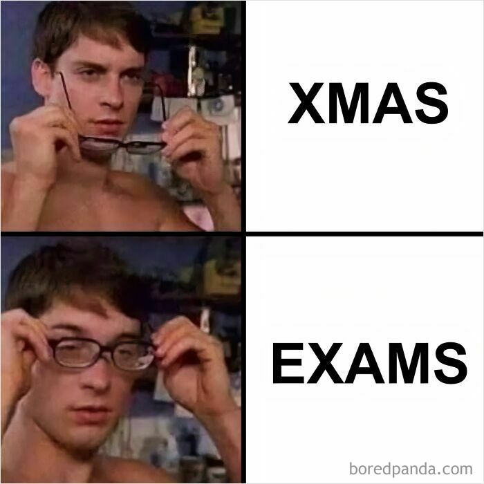 Spiderman meme comparing Xmas to exams as one of many amusing physics posts about student life.