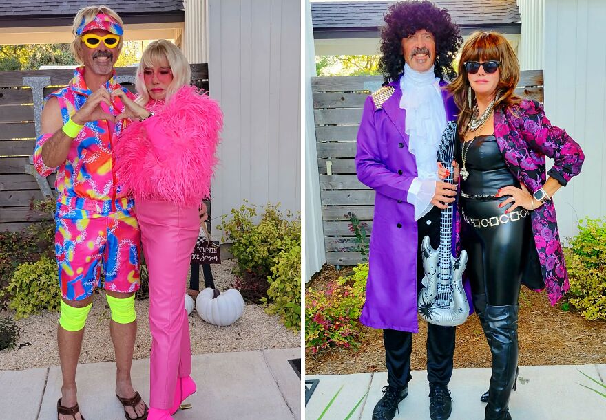Couples showcasing bright neon retro outfits as creative Halloween costume ideas.