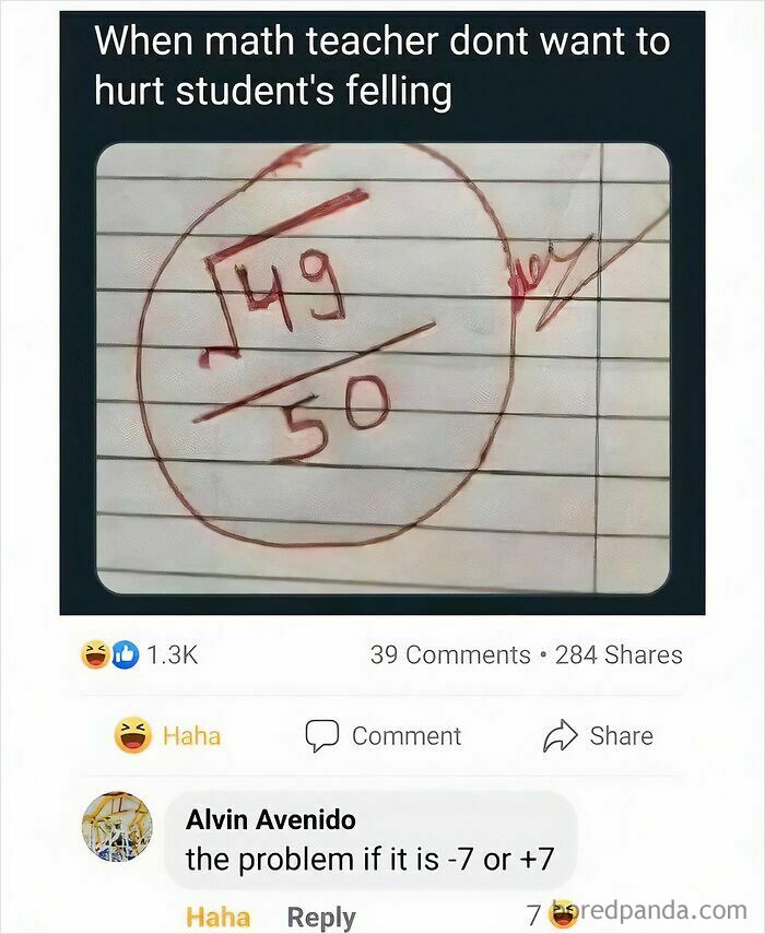 School paper showing a math score of square root 49 over 50, featured in amusing physics posts.
