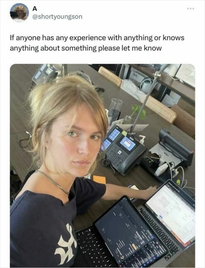Relatable memes showing a overwhelmed blonde woman working at a desk full of laptops and phones.