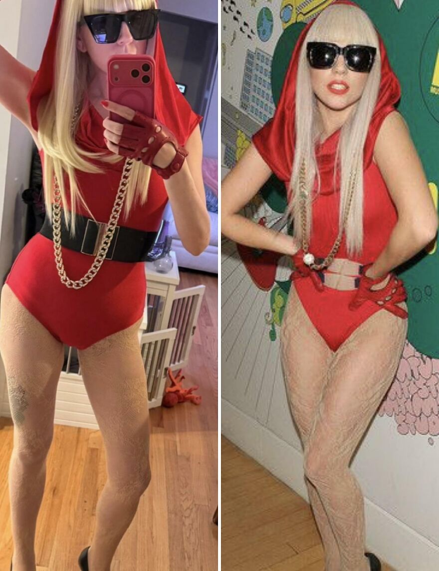 A comparison of a Lady Gaga red hooded outfit inspired by creative Halloween costume ideas.