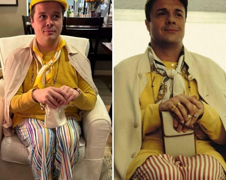 A man recreationally dressed in a yellow outfit alongside the character he inspired, a creative Halloween costume idea.