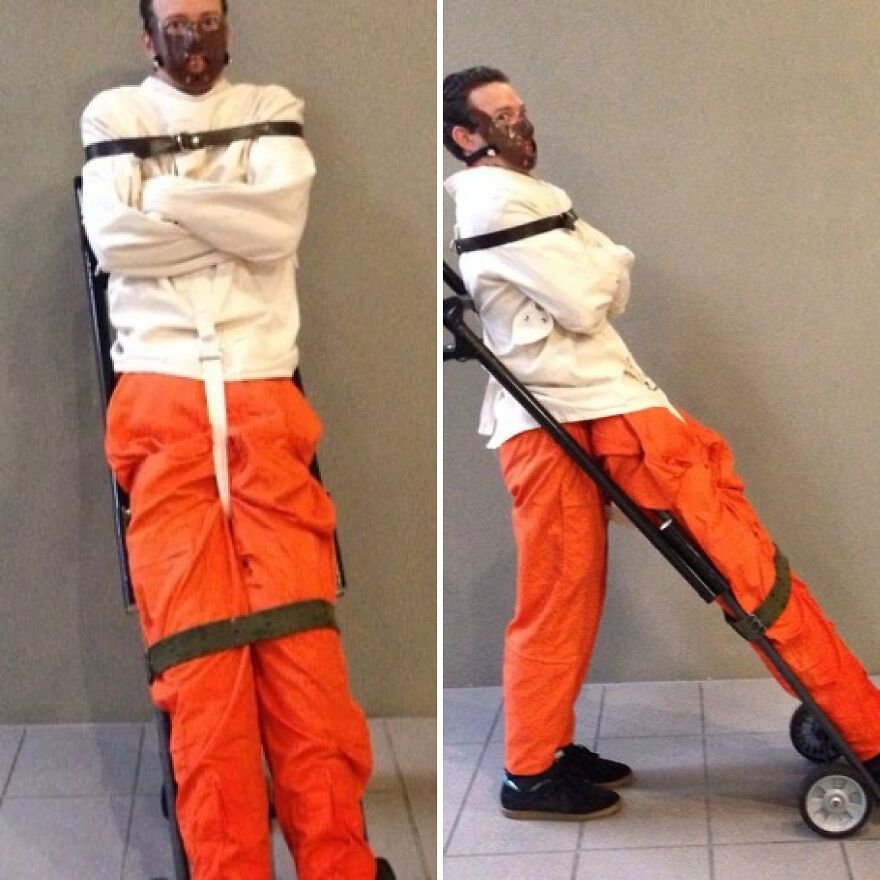A creative Halloween costume idea of Hannibal Lecter strapped to a hand truck dolly