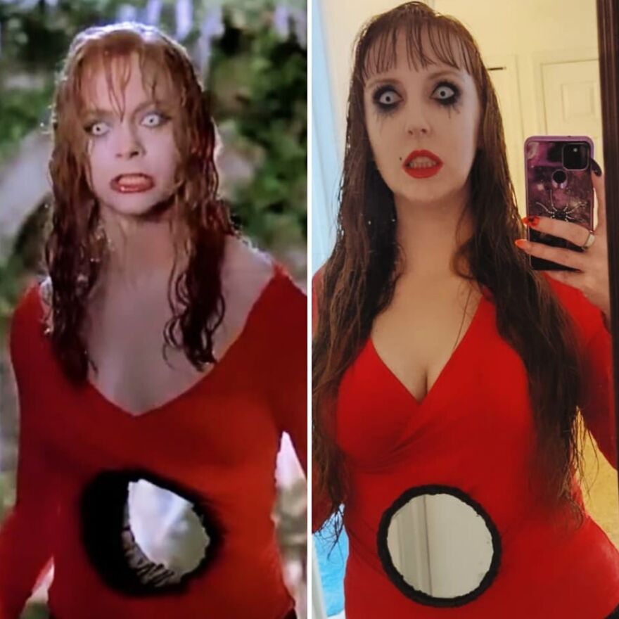 Side-by-side comparison of a D***h Becomes Her Halloween costume idea with a hole in the stomach