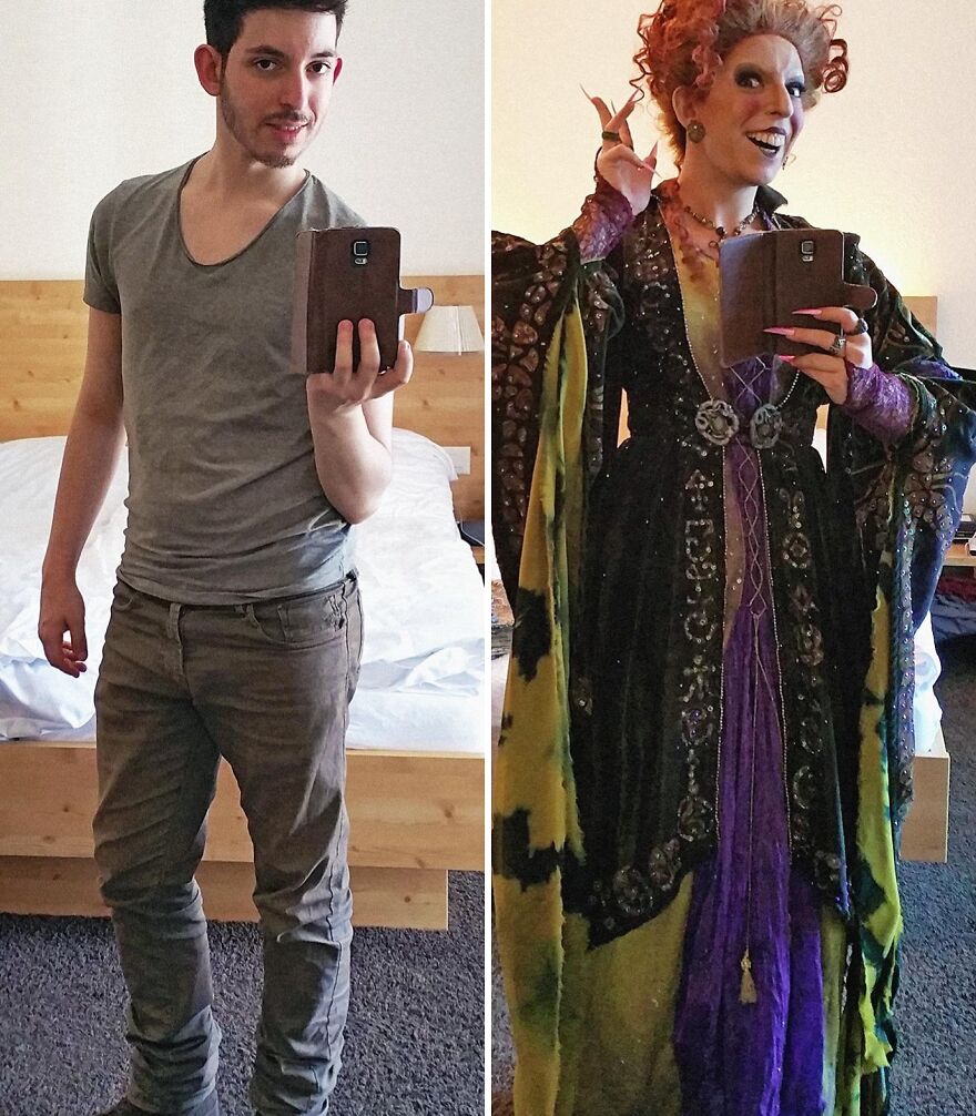 Before and after photos of a man transforming into a Winifred Sanderson Halloween costume