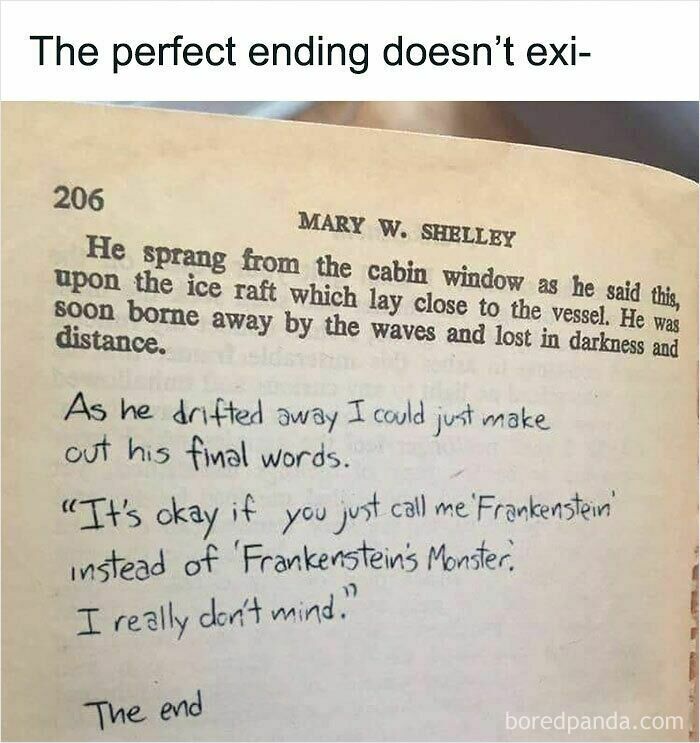 Wholesome memes image showing handwritten text added to a book page claiming to be the perfect ending