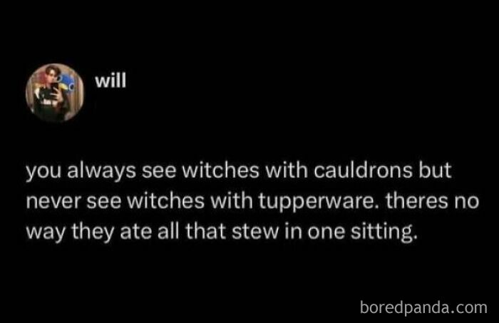 Wholesome memes screenshot of a funny tweet asking why witches use cauldrons instead of Tupperware for leftover stew.