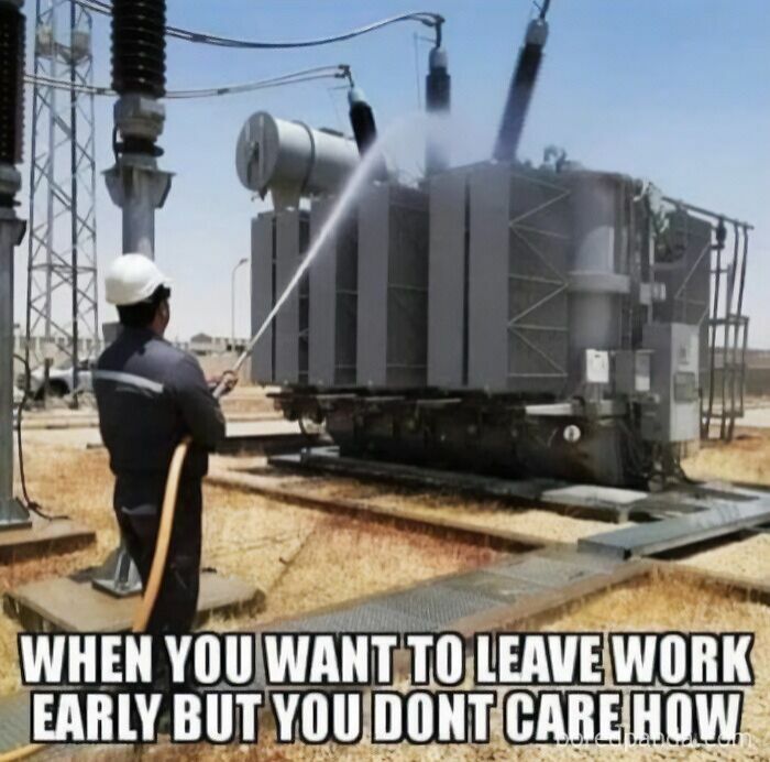 Construction worker spraying water on high voltage transformer for funny construction fails meme.