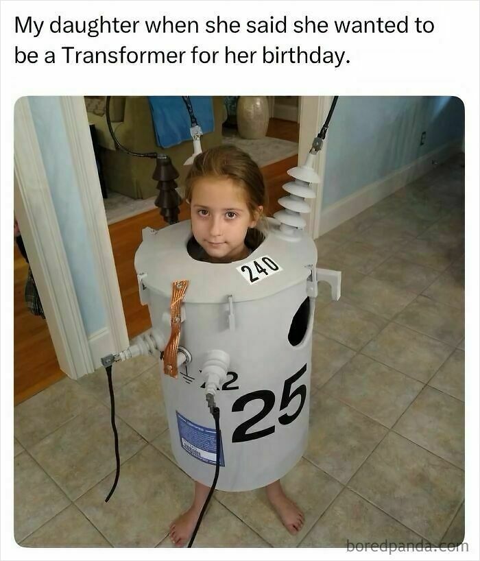 Young girl wearing a realistic utility electrical transformer costume in funny cringe construction fails memes
