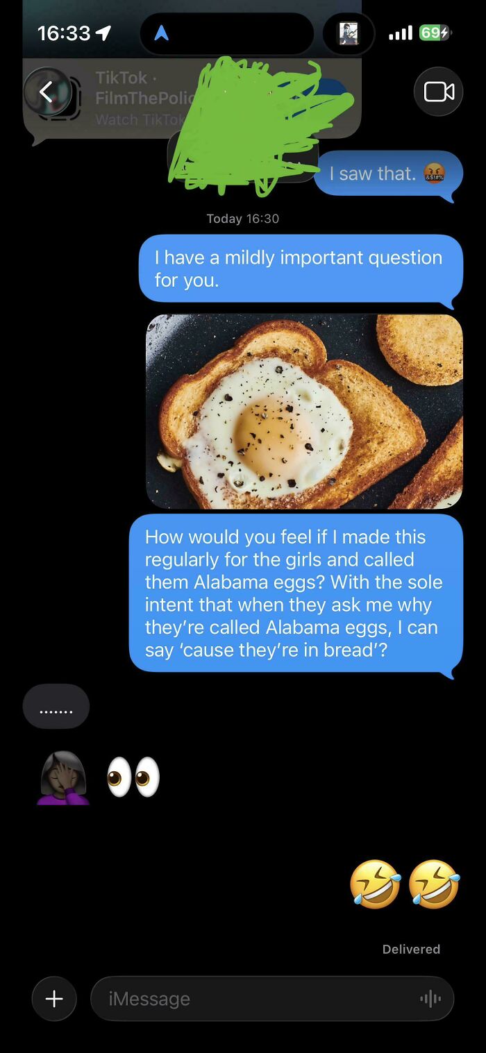 A screenshot of a dad sharing a joke about egg toast in a text message, representative of wholesome pics of dads.