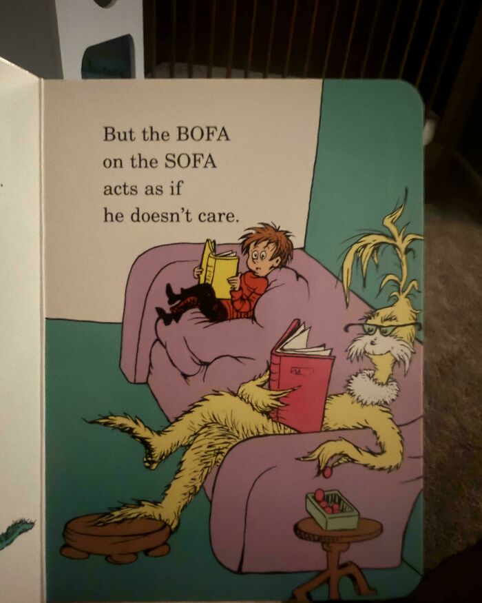 An illustration from a Dr. Seuss children book showing a character on a couch, embodying wholesome pics of dads.