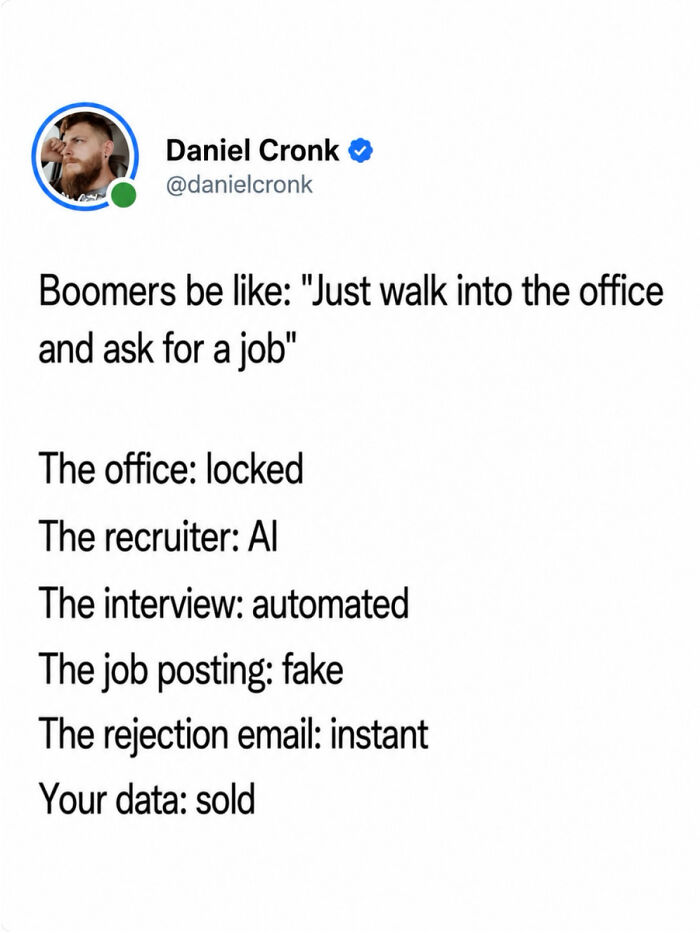 Tweet contrasting old job-hunting advice with modern hiring realities, illustrating recruiting fails in funny pics.