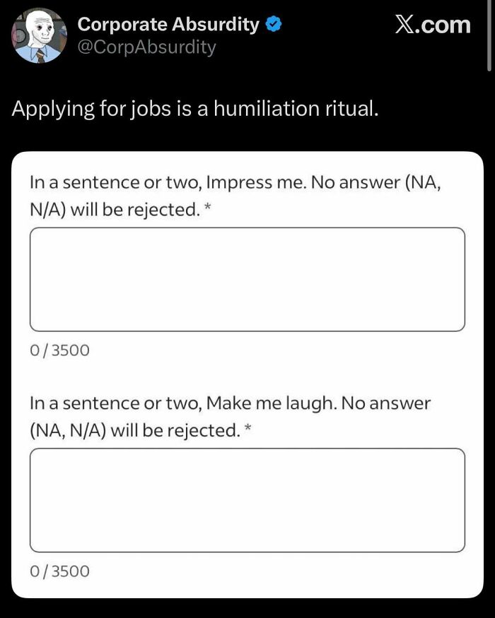Screenshot of absurd job application prompts asking to impress and make laugh, illustrating recruiting fails.