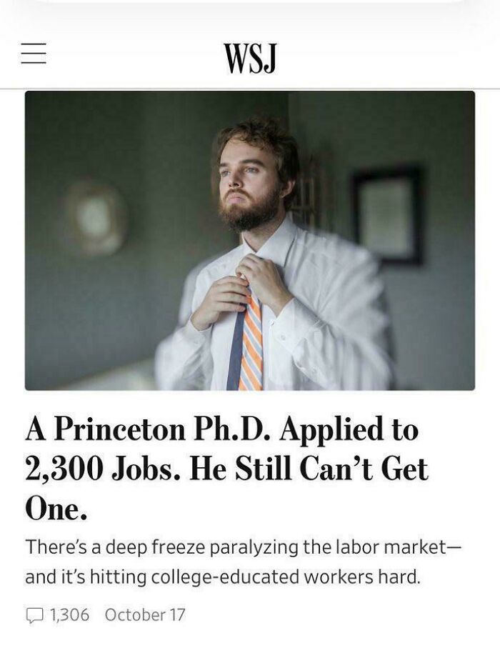 News article screenshot about a Princeton Ph.D. struggling to find a job, exemplifying recruiting fails.