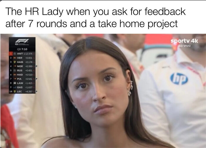 A blank expression on a woman face representing HR reaction when asked for feedback, highlighting recruiting fails.