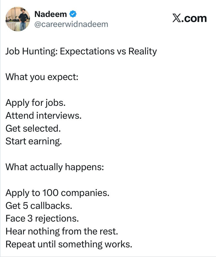 Post describing the reality of job hunting and interviews, exemplifying recruiting fails